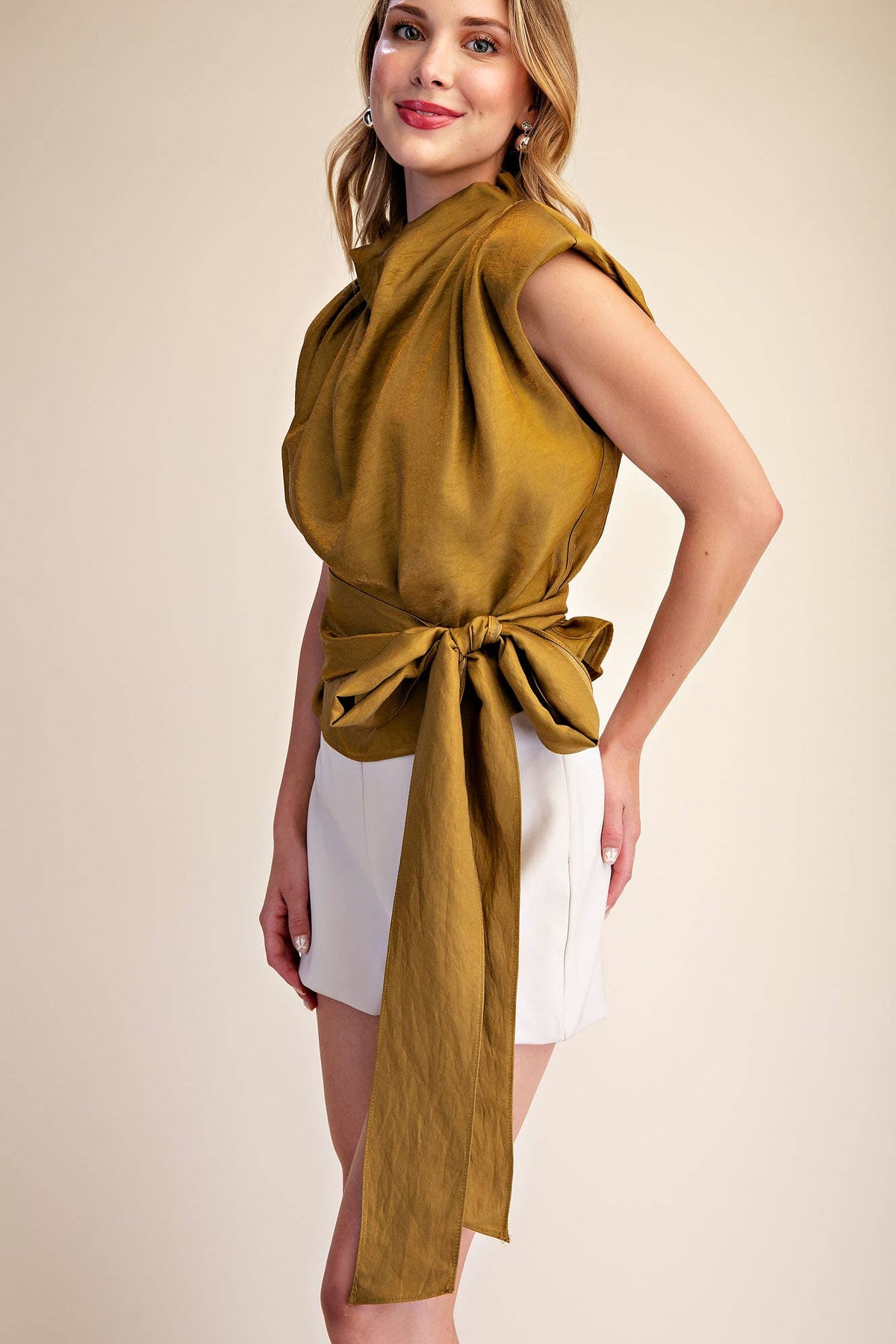 Mock Neck Waist Tie Sleeveless Top