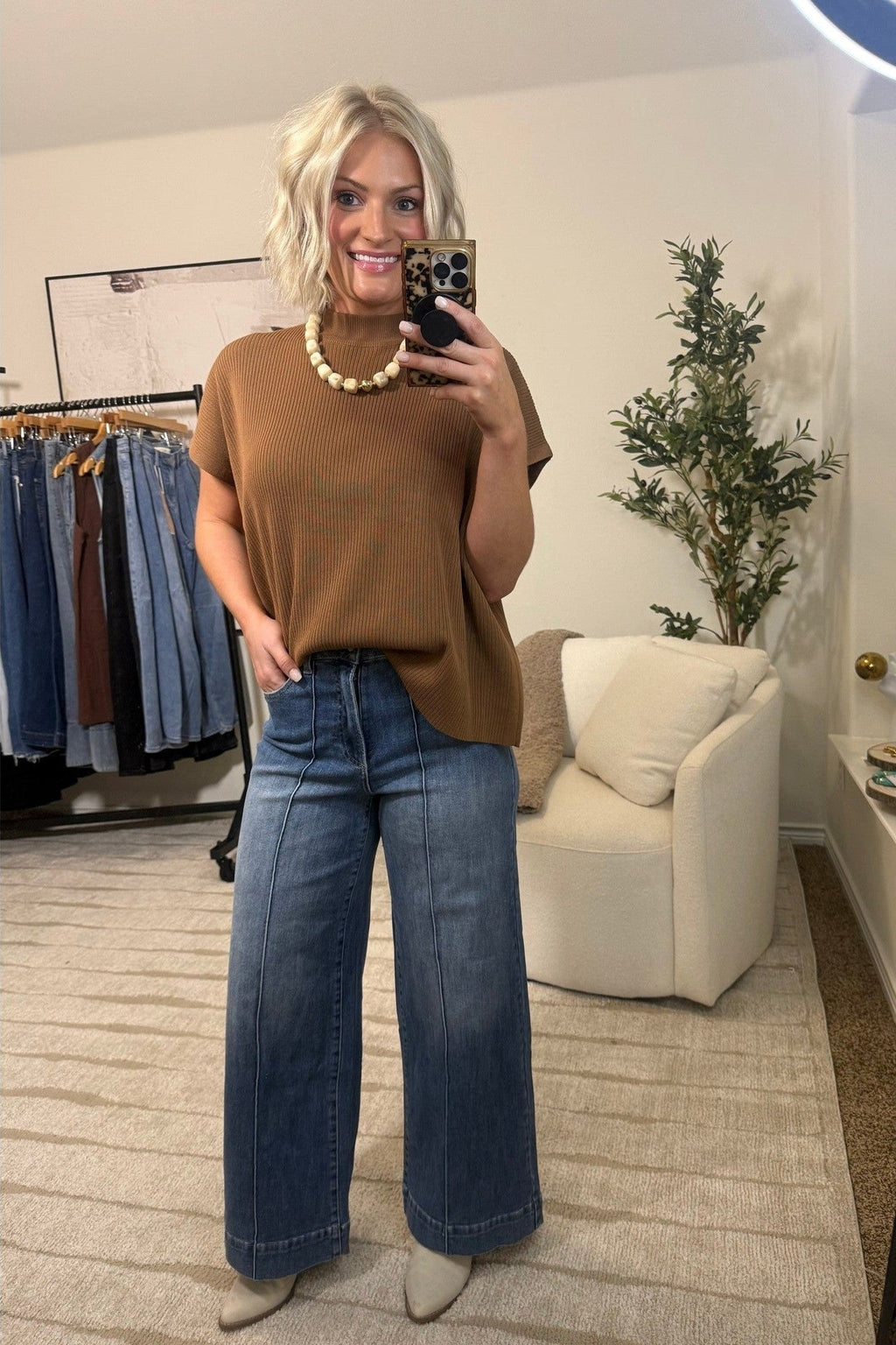 Viscose Mock Neck Short Sleeve Boxy Sweater