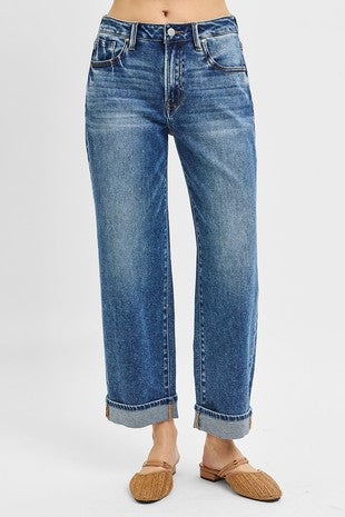 Mid Rise Ankle Boyfriend Turn Up Cuffed Jeans by Risen