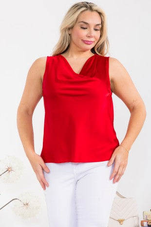 Plus Size Sleeveless Solid Satin Blouse by Fashion Space
