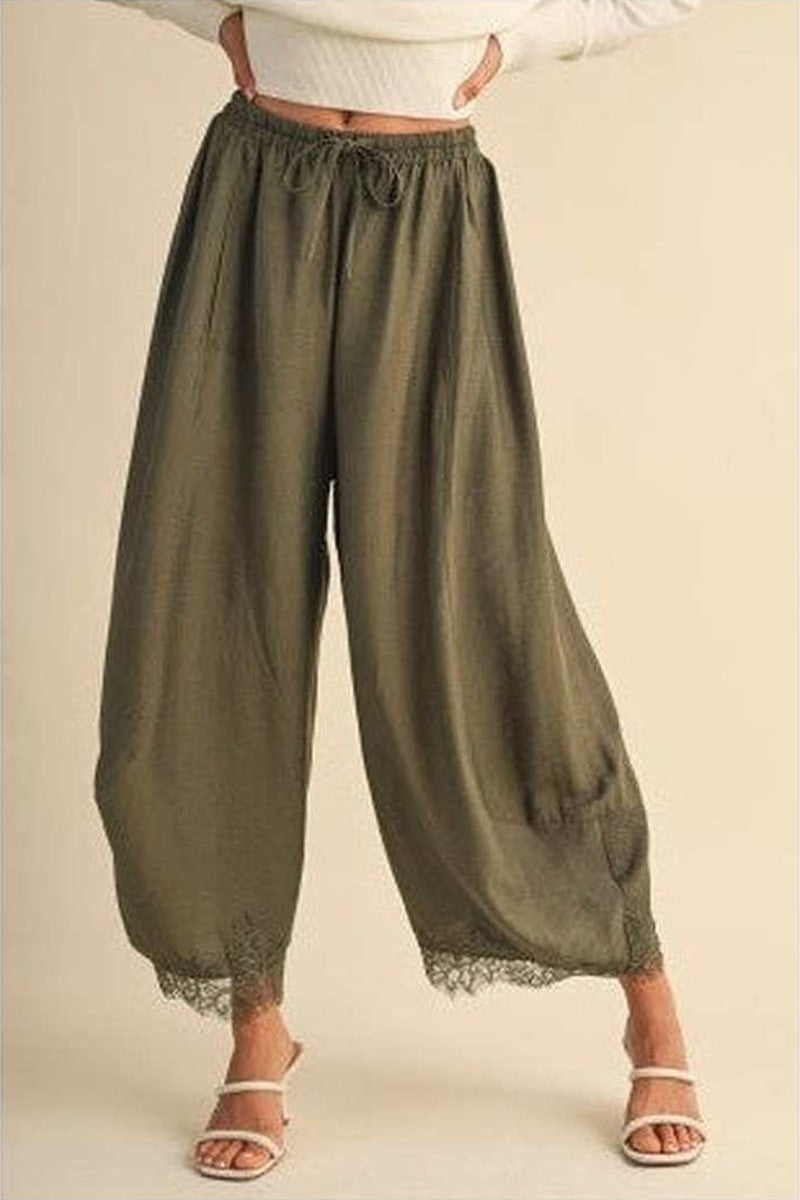 Barrel Fit Pants With Lace Trim On The Bottom Hem by Klesis