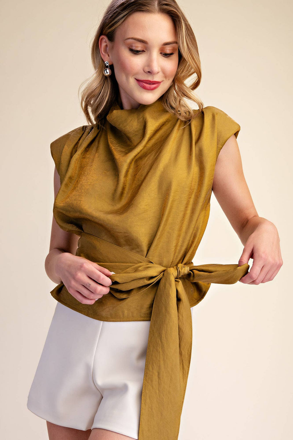 Mock Neck Waist Tie Sleeveless Top