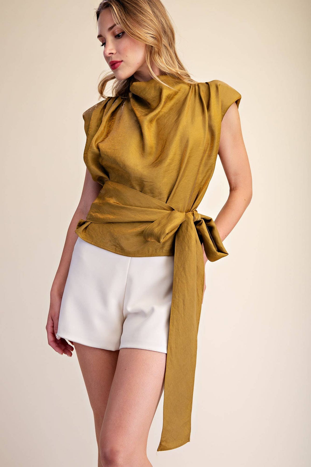 Mock Neck Waist Tie Sleeveless Top