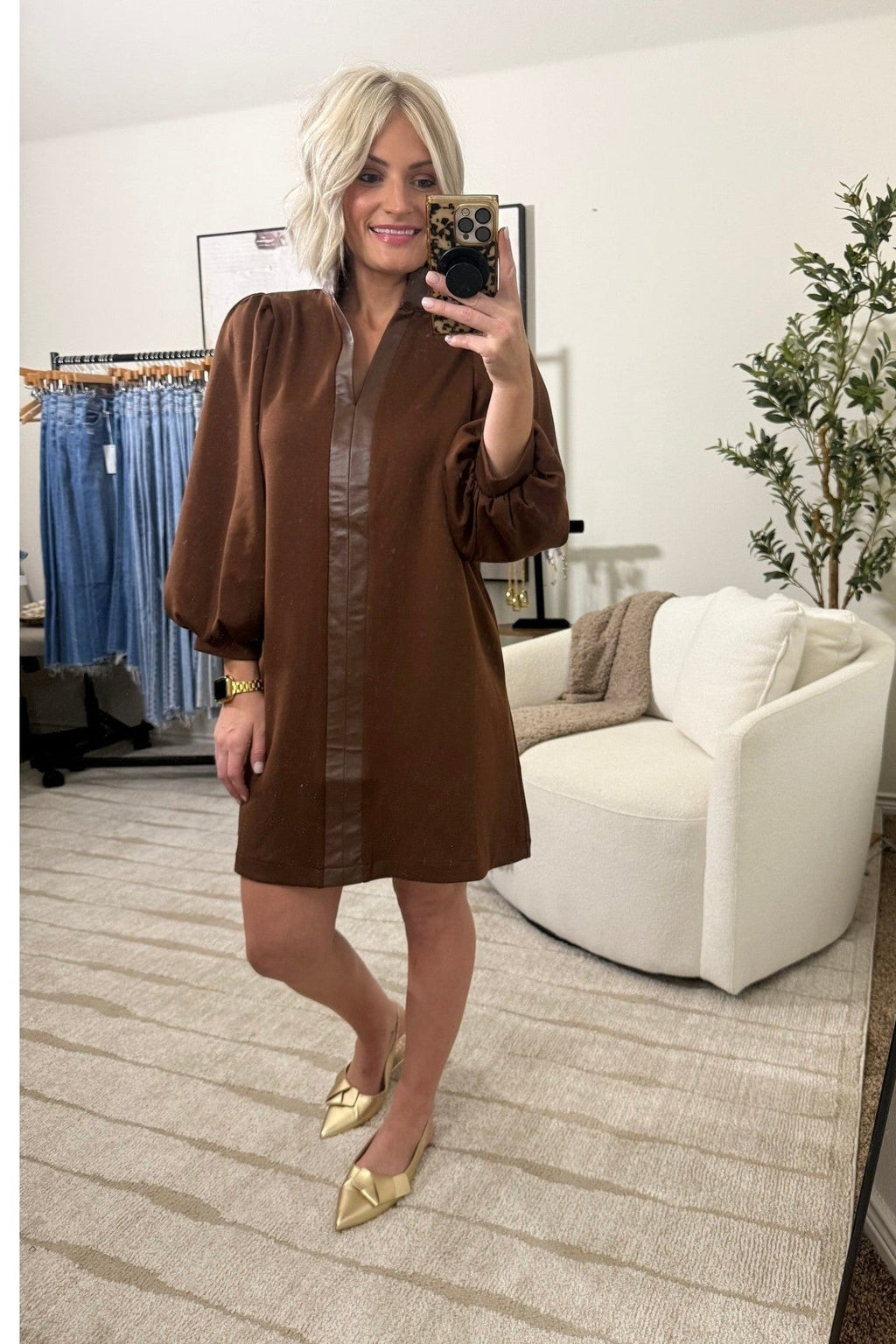 Jodifl Brown Faux Leather Dress