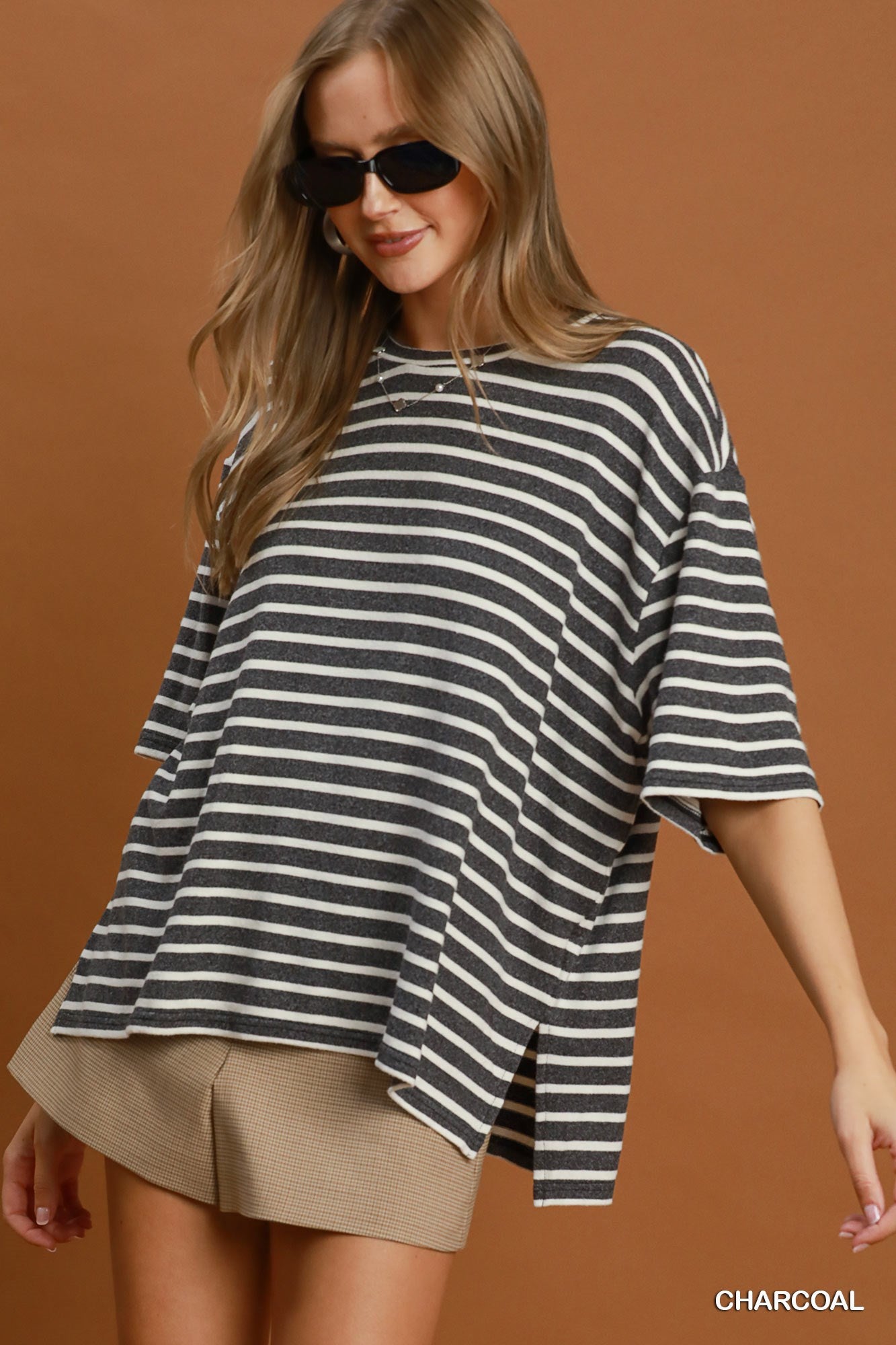 Umgee Charcoal Striped Relaxed Tee