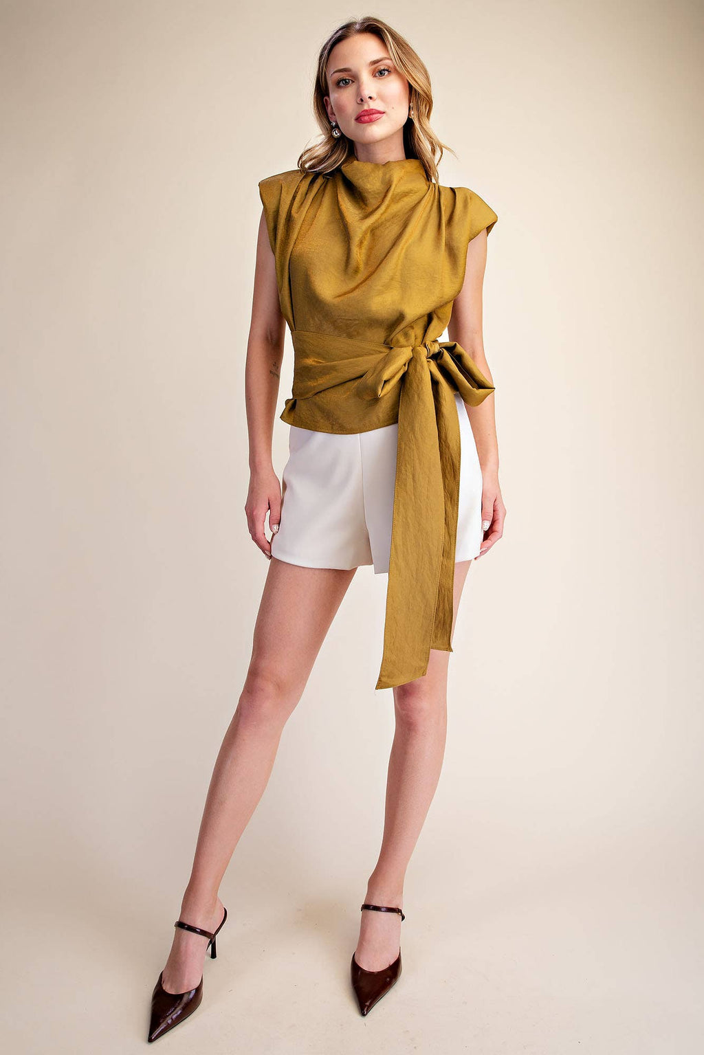 Mock Neck Waist Tie Sleeveless Top