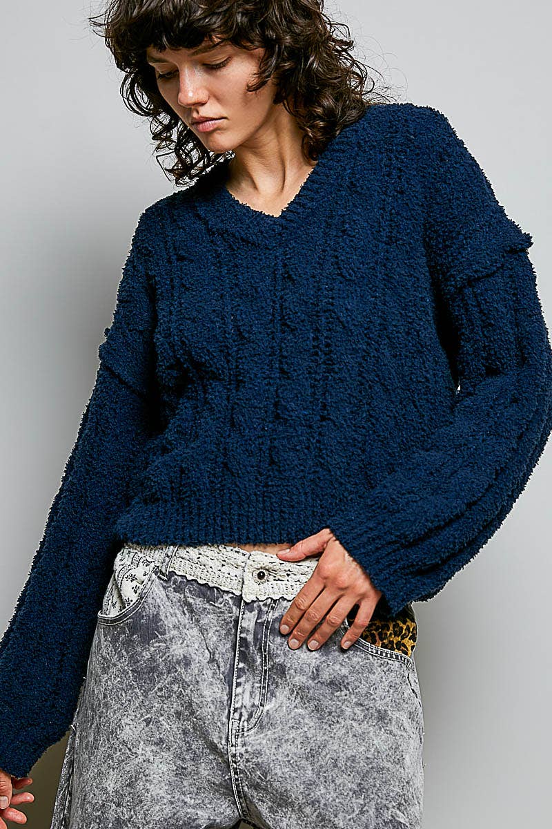 POL Semi-Cropped V-Neck Soft Sweater Top