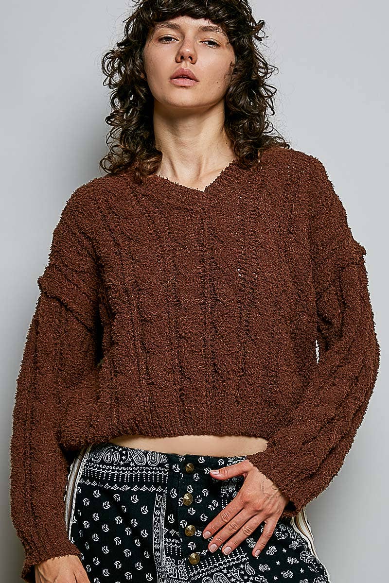 POL Semi-Cropped V-Neck Soft Sweater Top