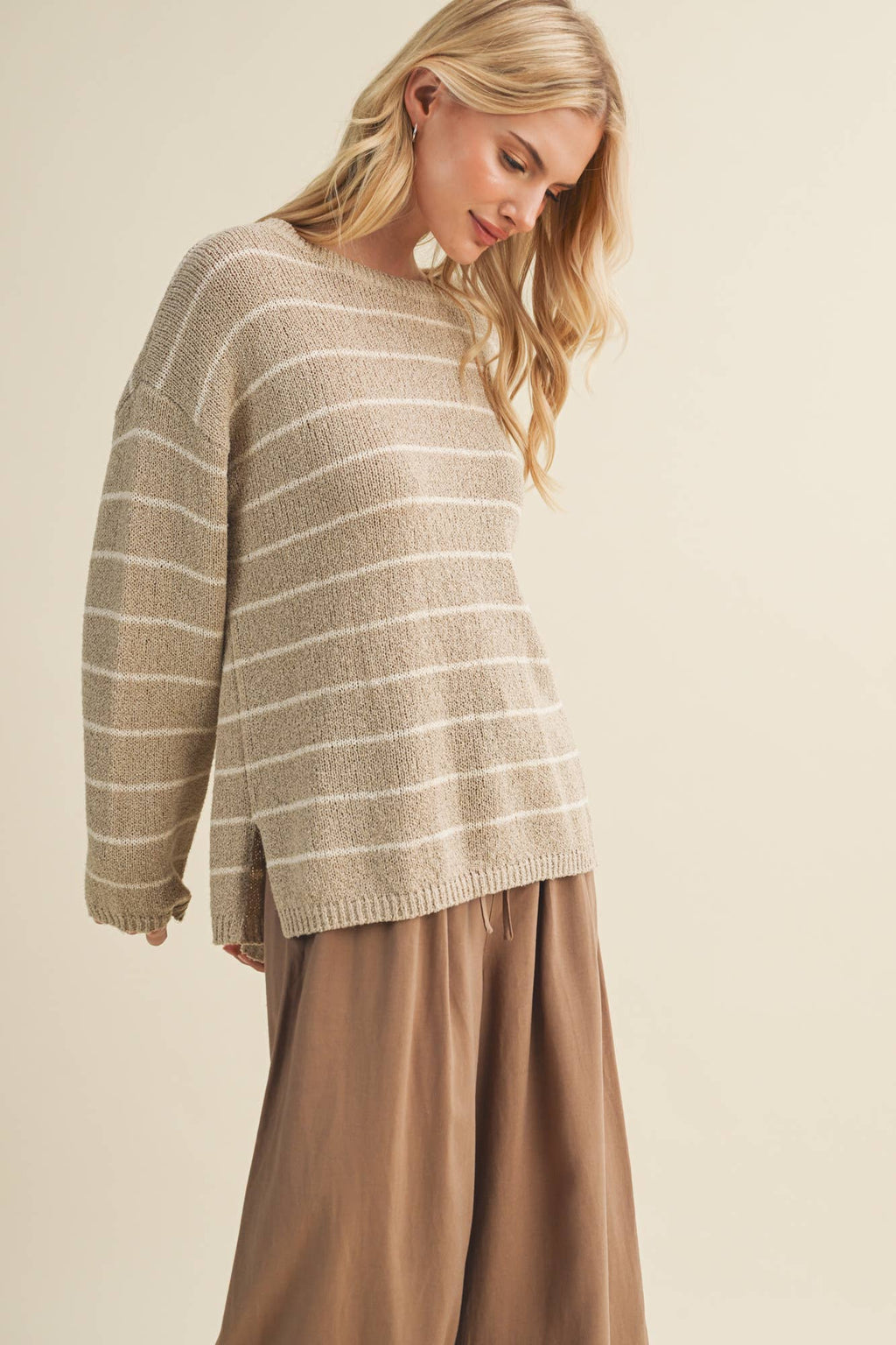Textural Stripe Knit Dropped-Shoulder Pullover