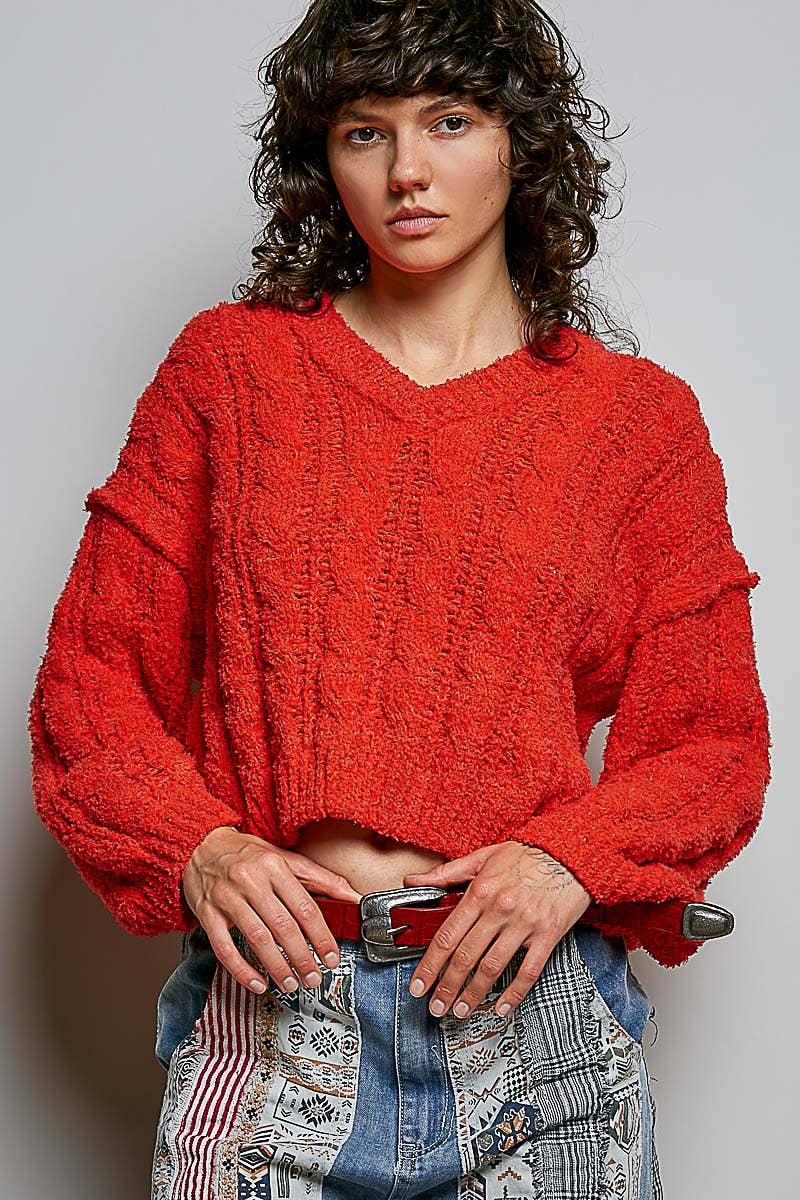 POL Semi-Cropped V-Neck Soft Sweater Top