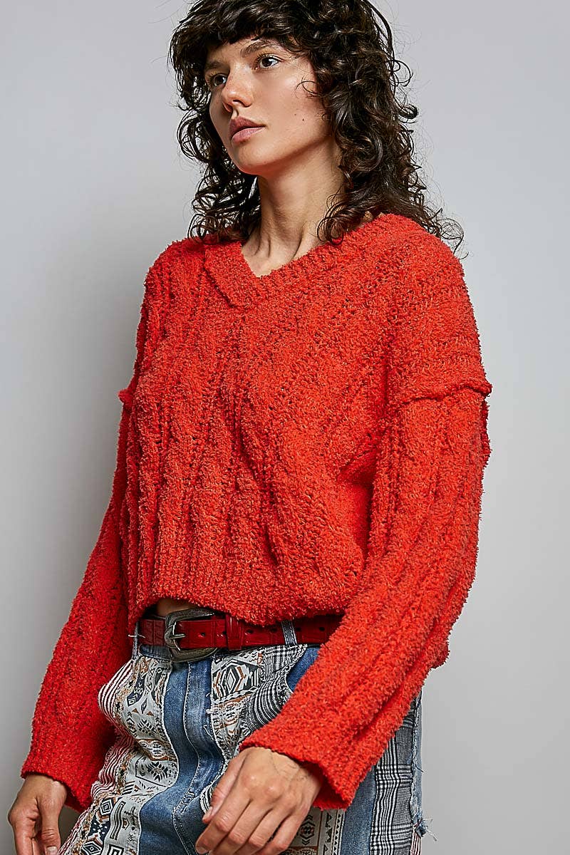 POL Semi-Cropped V-Neck Soft Sweater Top