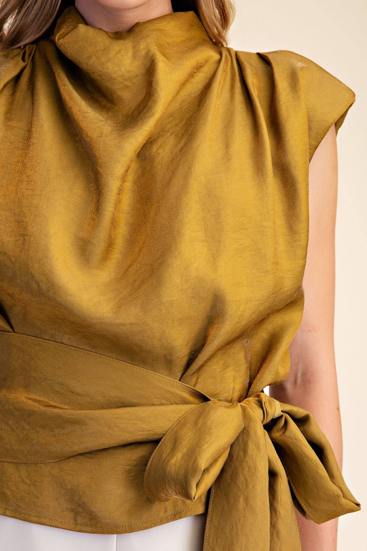 Mock Neck Waist Tie Sleeveless Top