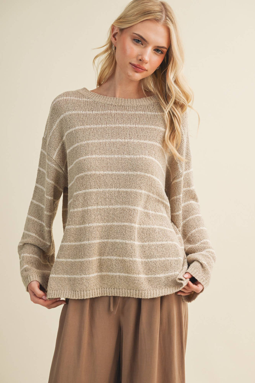 Textural Stripe Knit Dropped-Shoulder Pullover