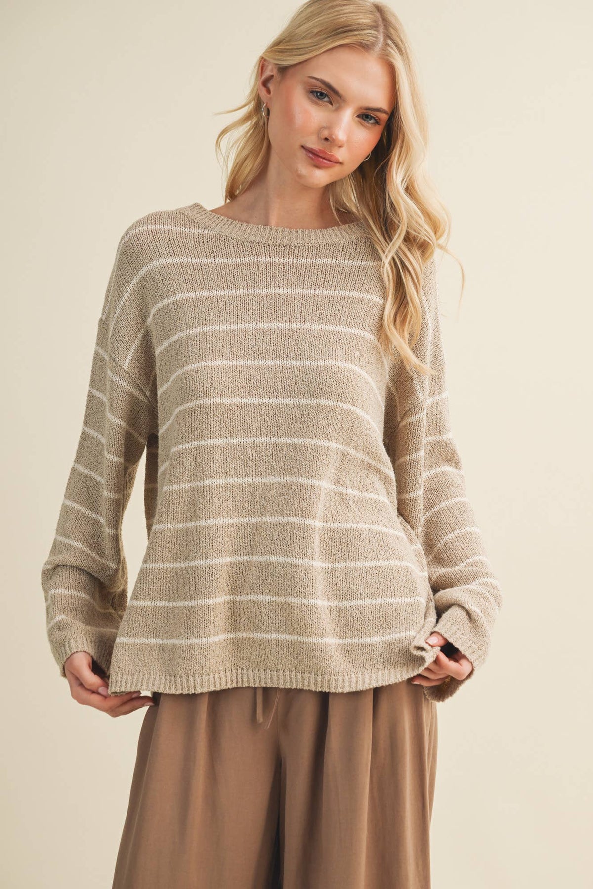 Textural Stripe Knit Dropped-Shoulder Pullover