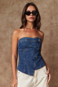 Strapless Asymmetrical Denim Bustier Top by Paper Moon