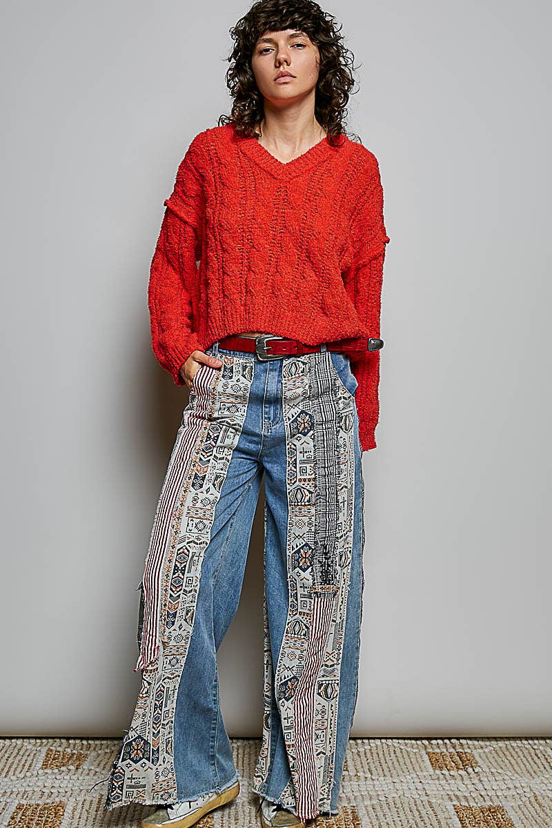 POL Semi-Cropped V-Neck Soft Sweater Top