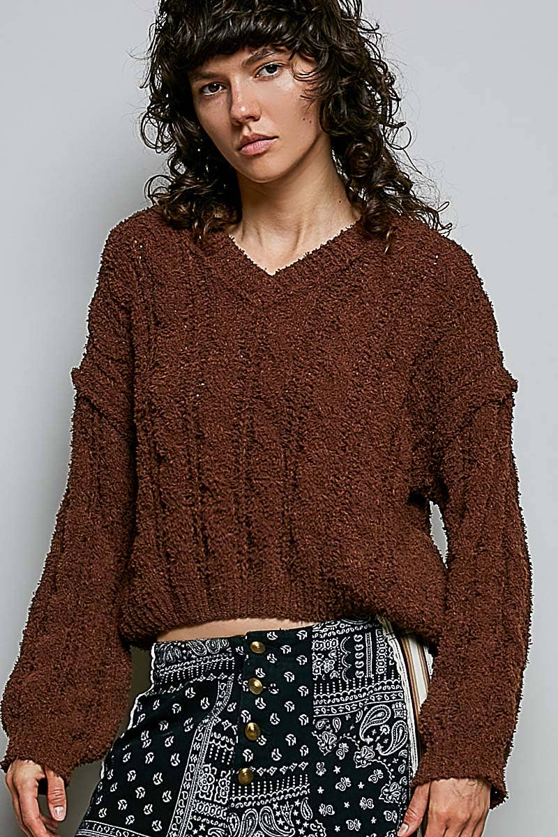 POL Semi-Cropped V-Neck Soft Sweater Top
