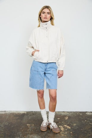 Contrast Collar Boxy Snap Button Bomber Jacket
