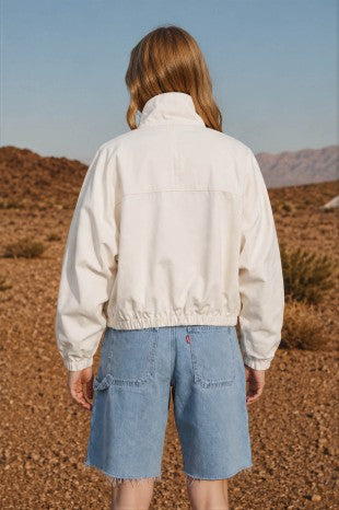 Contrast Collar Boxy Snap Button Bomber Jacket