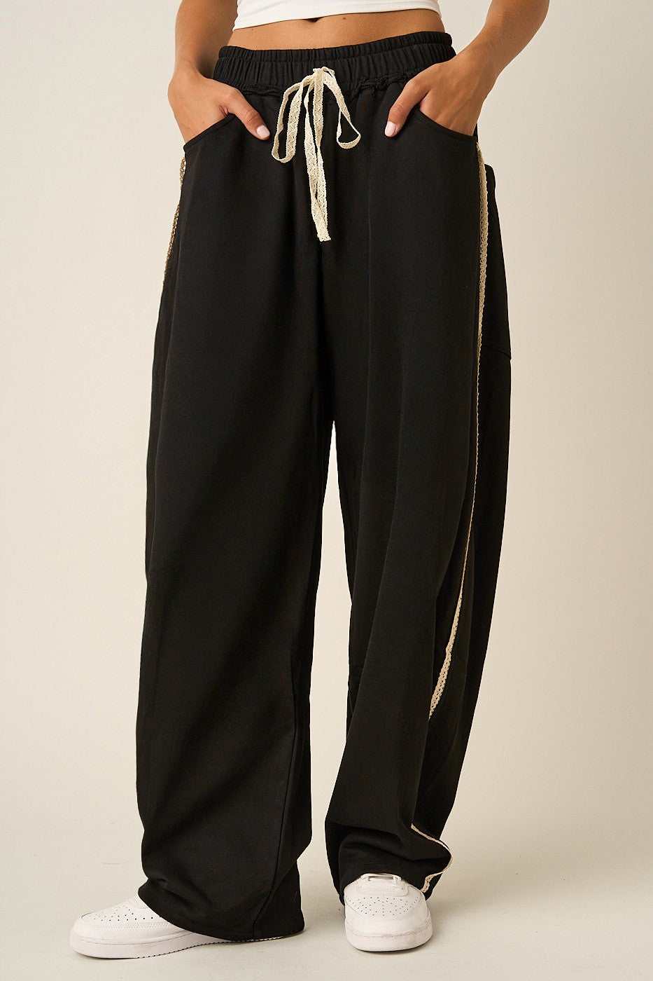 Lace Trim Barrel Leg Drawstring Pants - 2 Colors