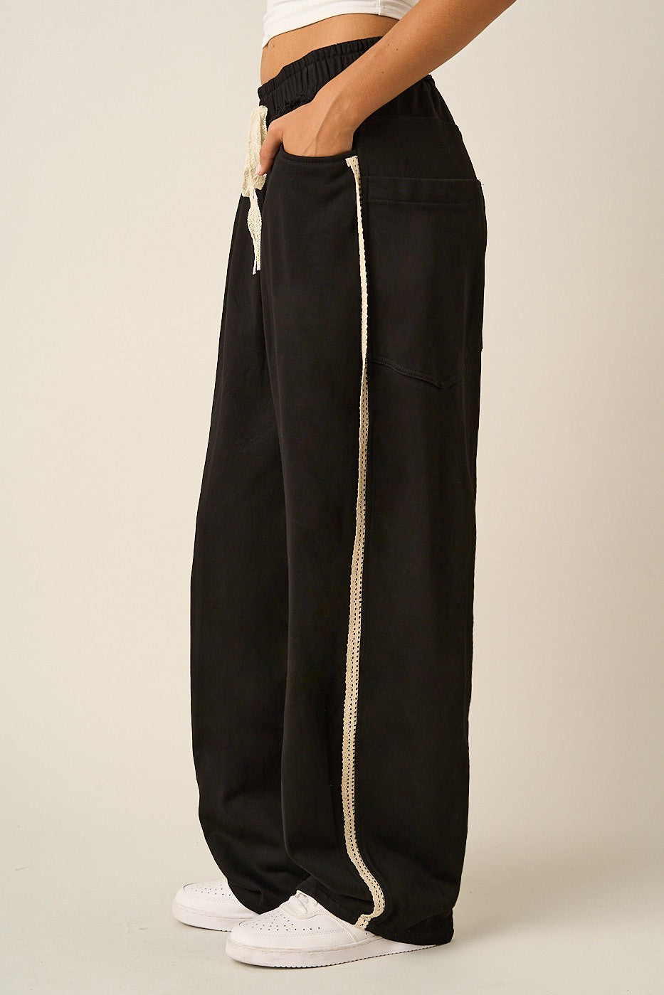 Lace Trim Barrel Leg Drawstring Pants - 2 Colors