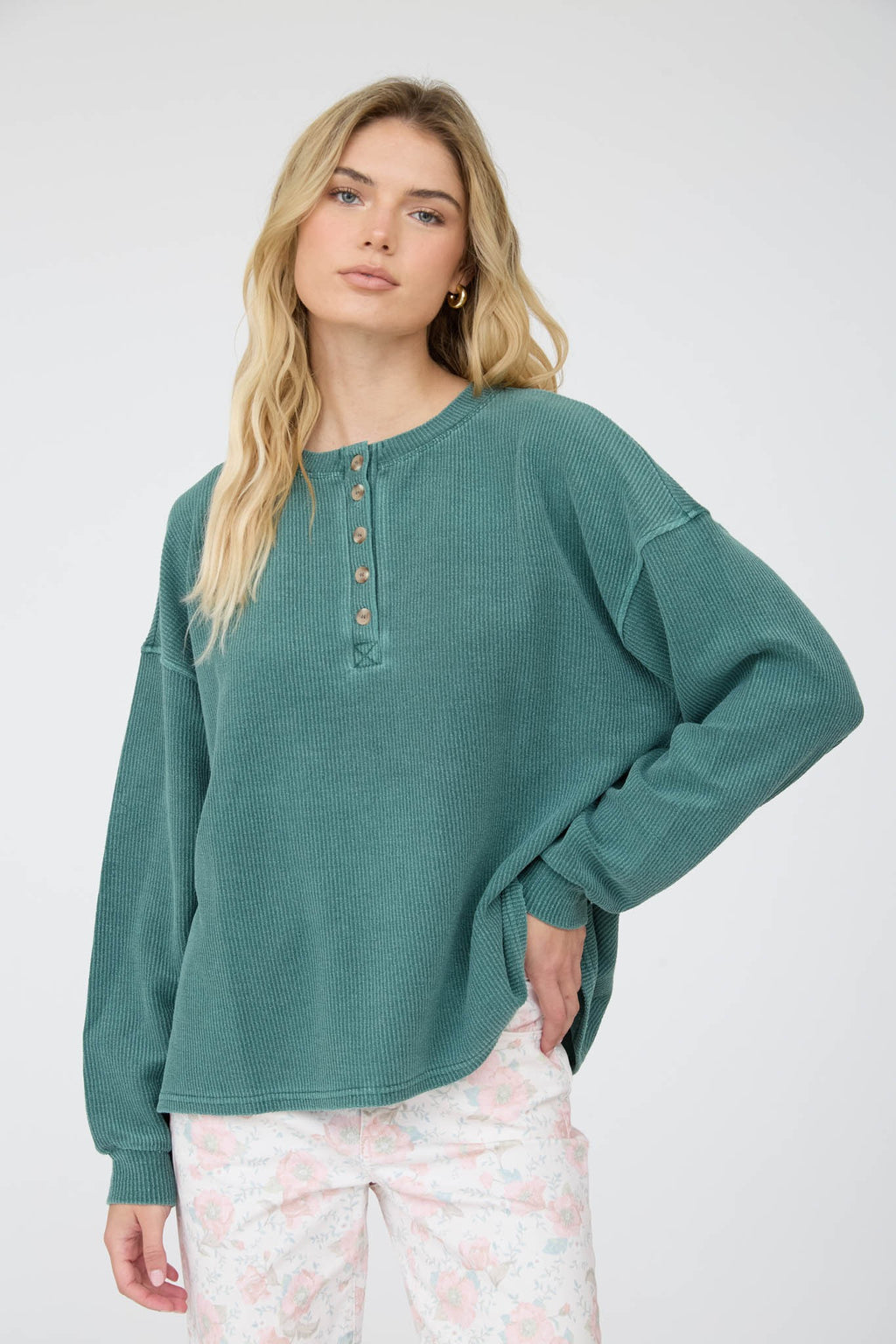 Henley Ribbed Boxy Long Sleeve Washed Knit Top - Hunter Green