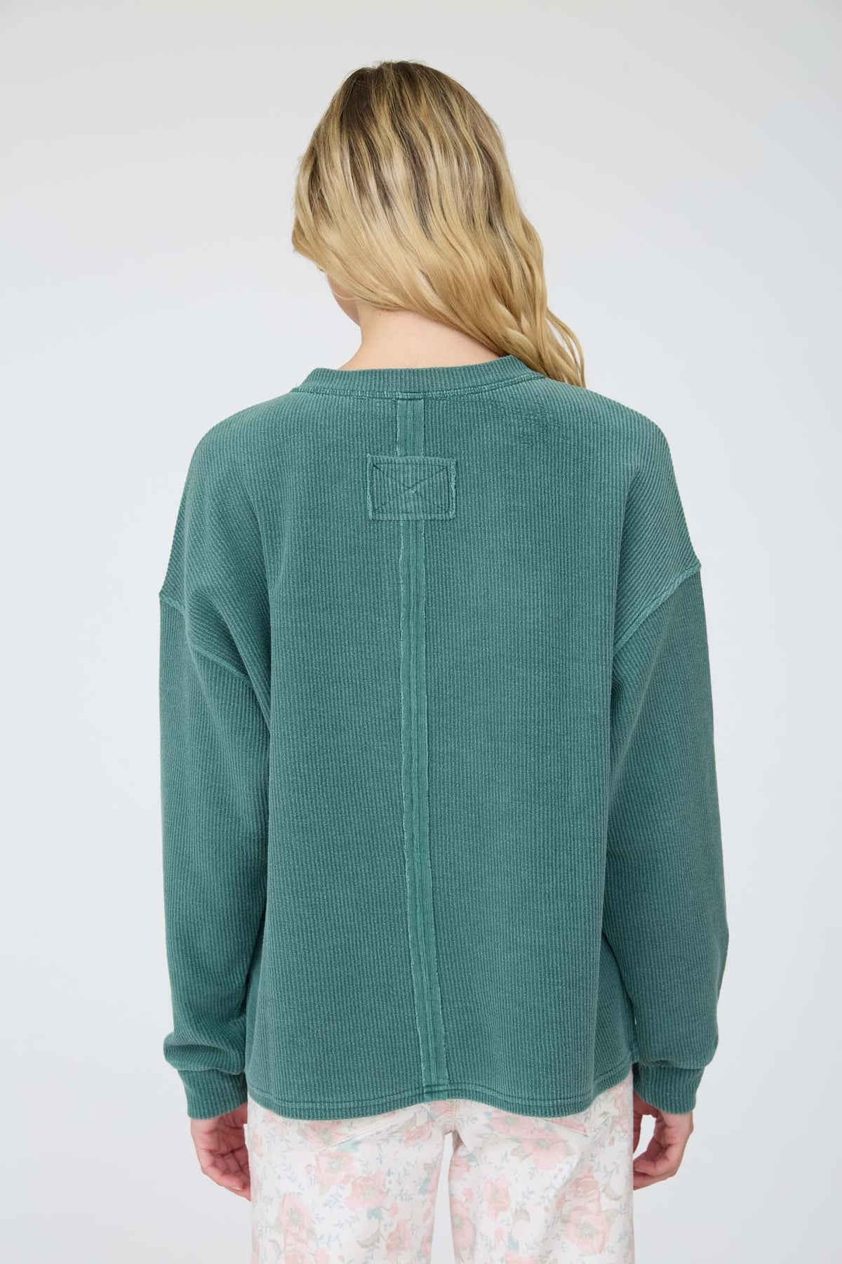 Henley Ribbed Boxy Long Sleeve Washed Knit Top - Hunter Green