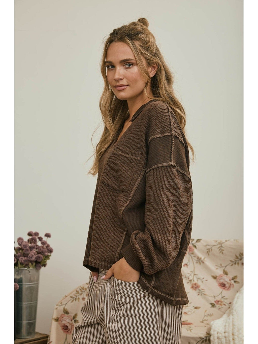 Split Neck Raw Edge Long Sleeve Ribbed Knit Top
