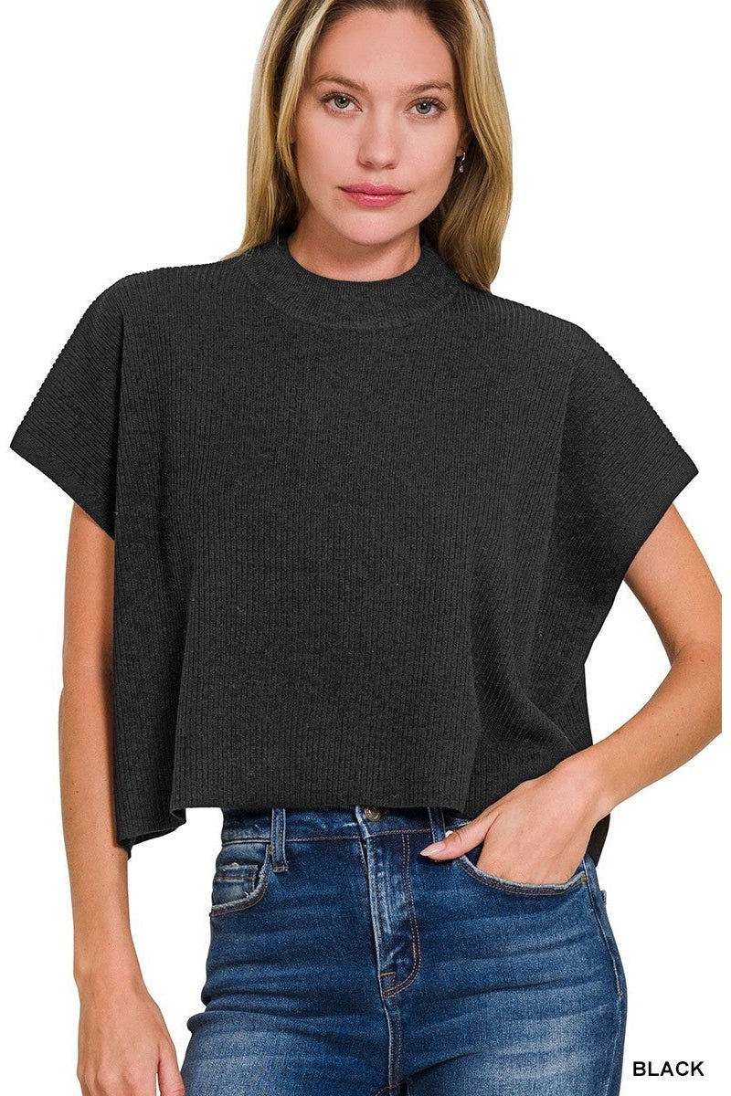 Viscose Mock Neck Short Sleeve Boxy Sweater