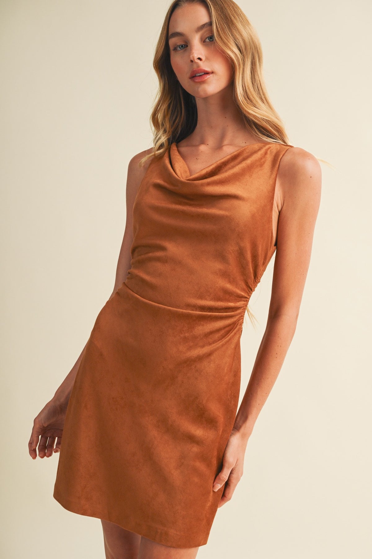 Cowl-neck Side-ruched Sueded Knit Dress