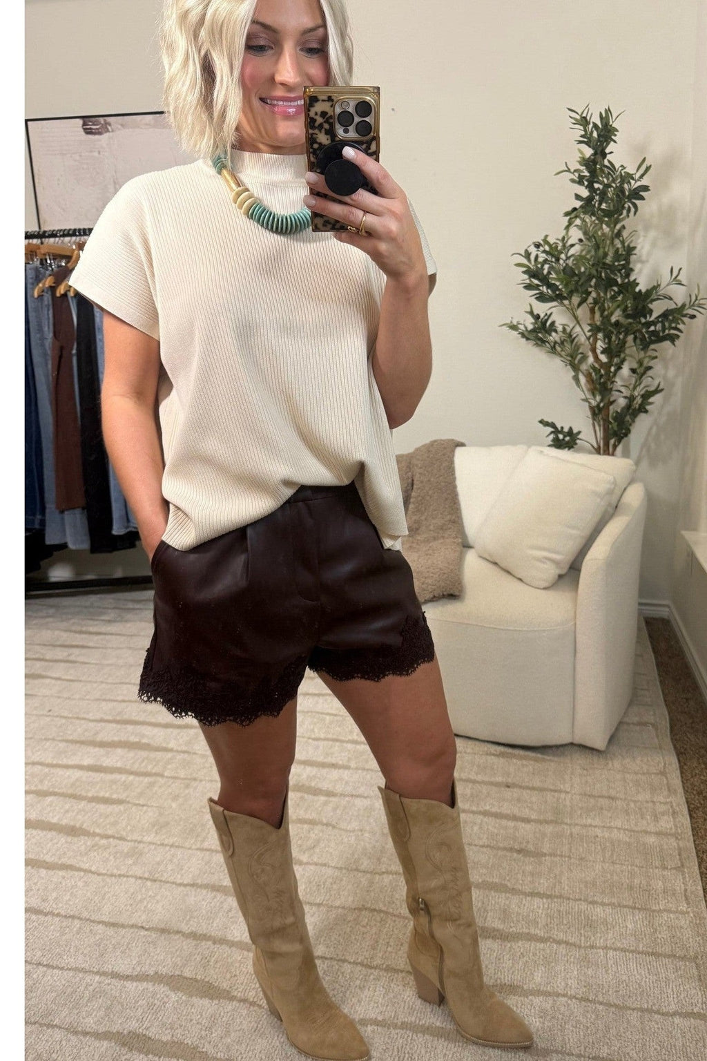 Viscose Mock Neck Short Sleeve Boxy Sweater