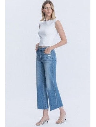 Flying Monkey High Rise Raw Hem Crop Slim Wide Leg Jeans