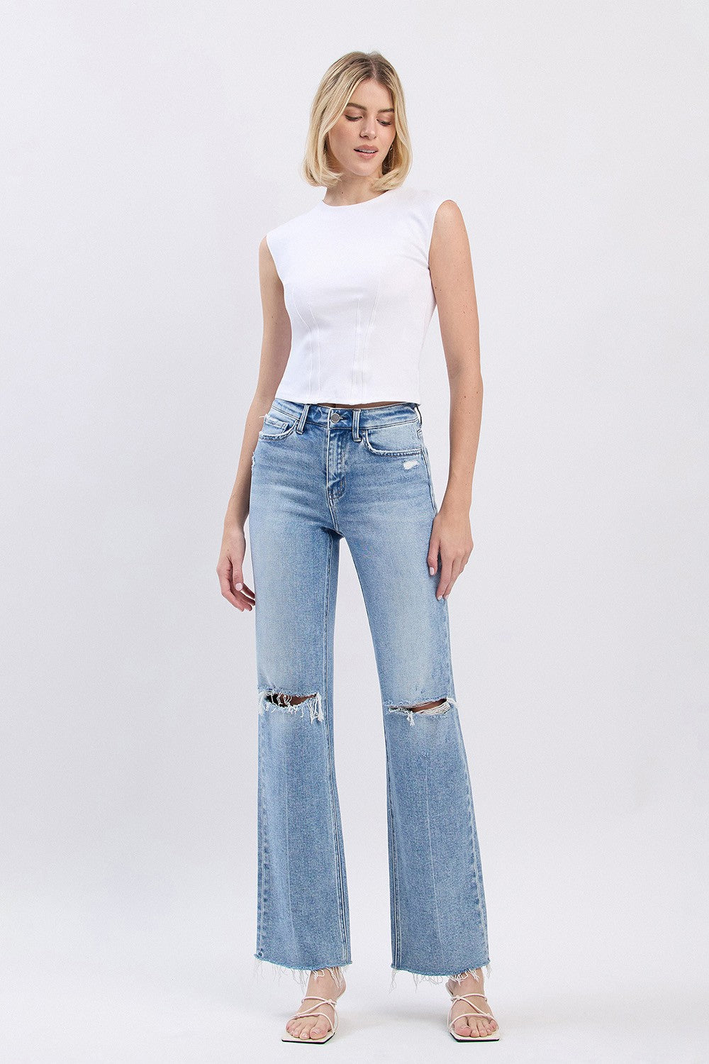 High Rise Distressed Slim Wide Jeans