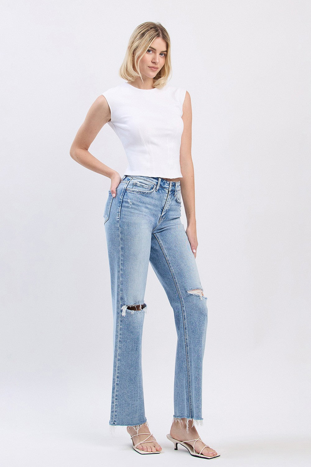 High Rise Distressed Slim Wide Jeans