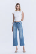 High Rise Raw Hem Crop Slim Wide Leg Jeans