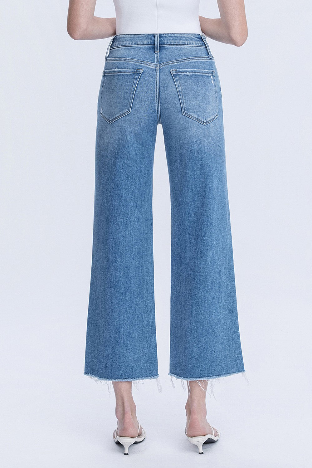 High Rise Raw Hem Crop Slim Wide Leg Jeans