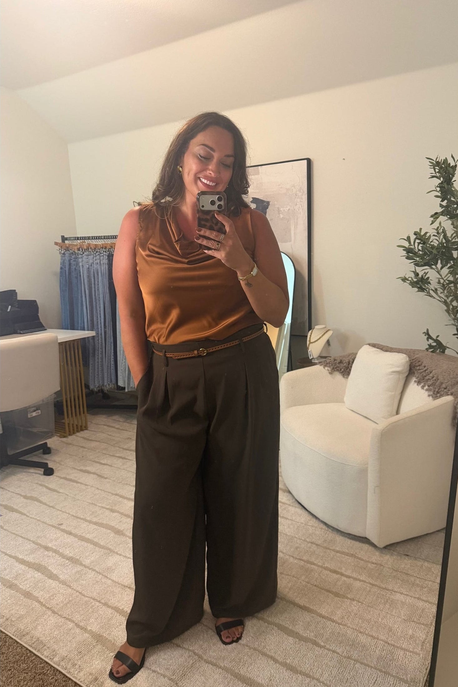 Sleeveless Solid Satin Blouse - coffee