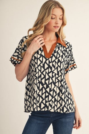 Contrast Accent Loose Fit Geo Print Top
