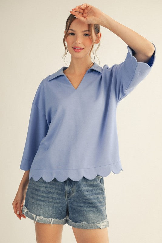 Plus Size Scallop Edge Detail Solid Top