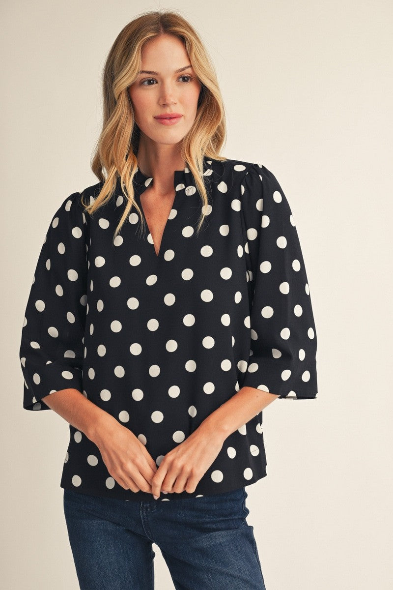 Ruffled Neckline Polka Dot Blouse