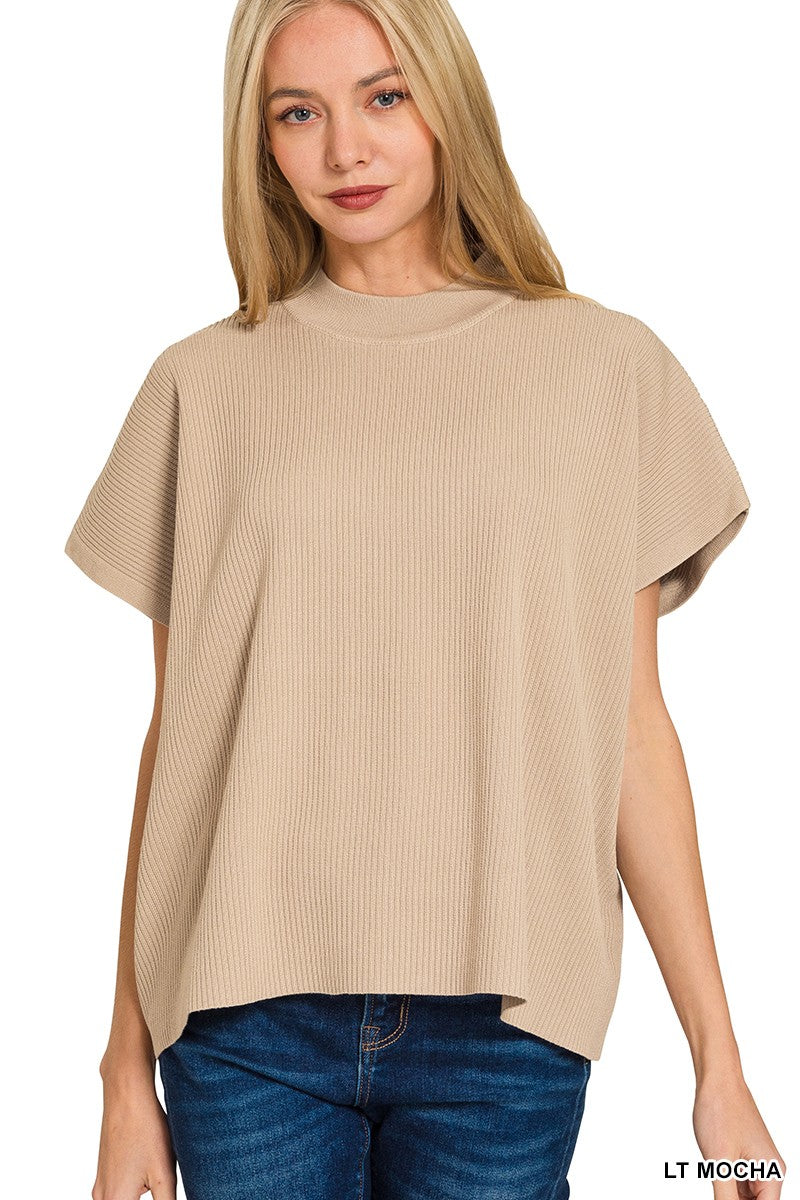 Viscose Mock Neck Short Sleeve Boxy Sweater