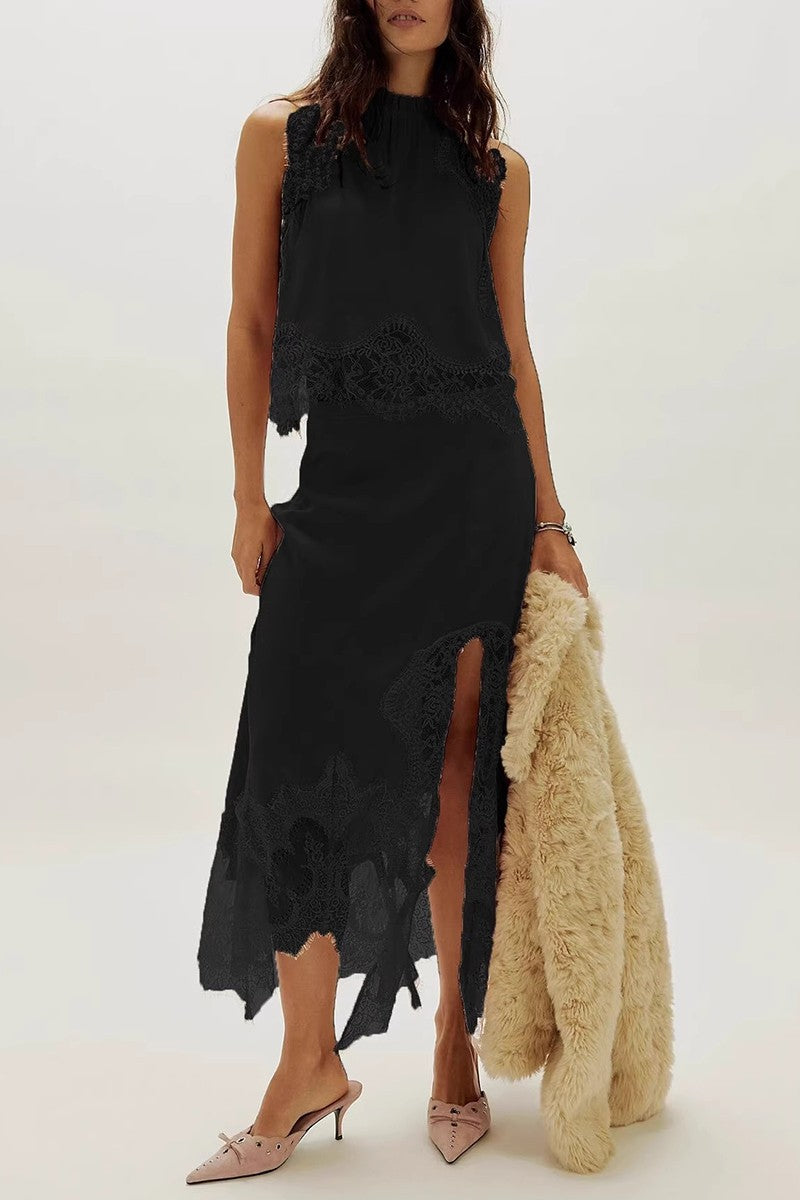 Elegant Lace Trim Skirt Set