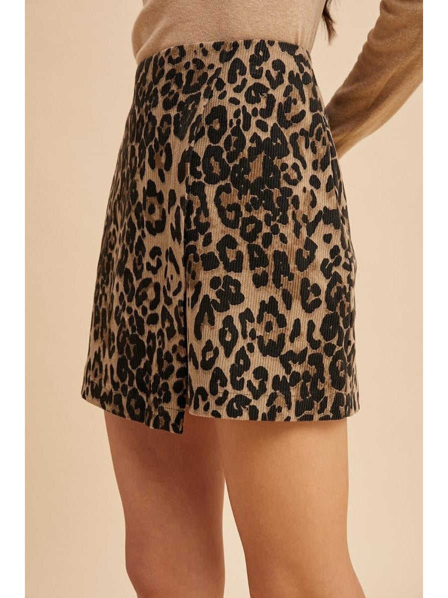 Leopard Print Corduroy Wrap Mini Skirt