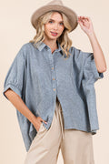 Washed Striped Print Dolman Button Down Shirt