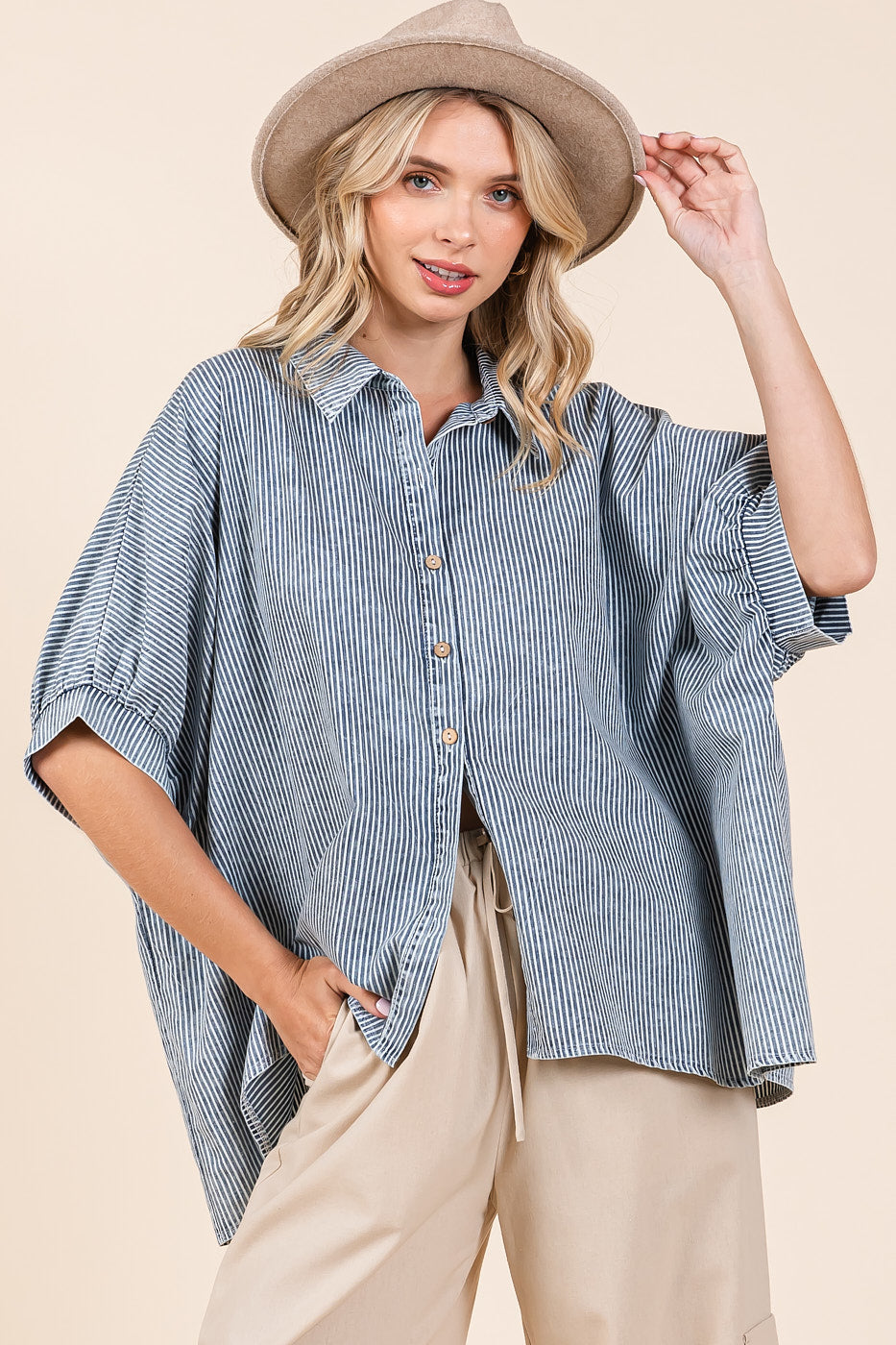 Washed Striped Print Dolman Button Down Shirt