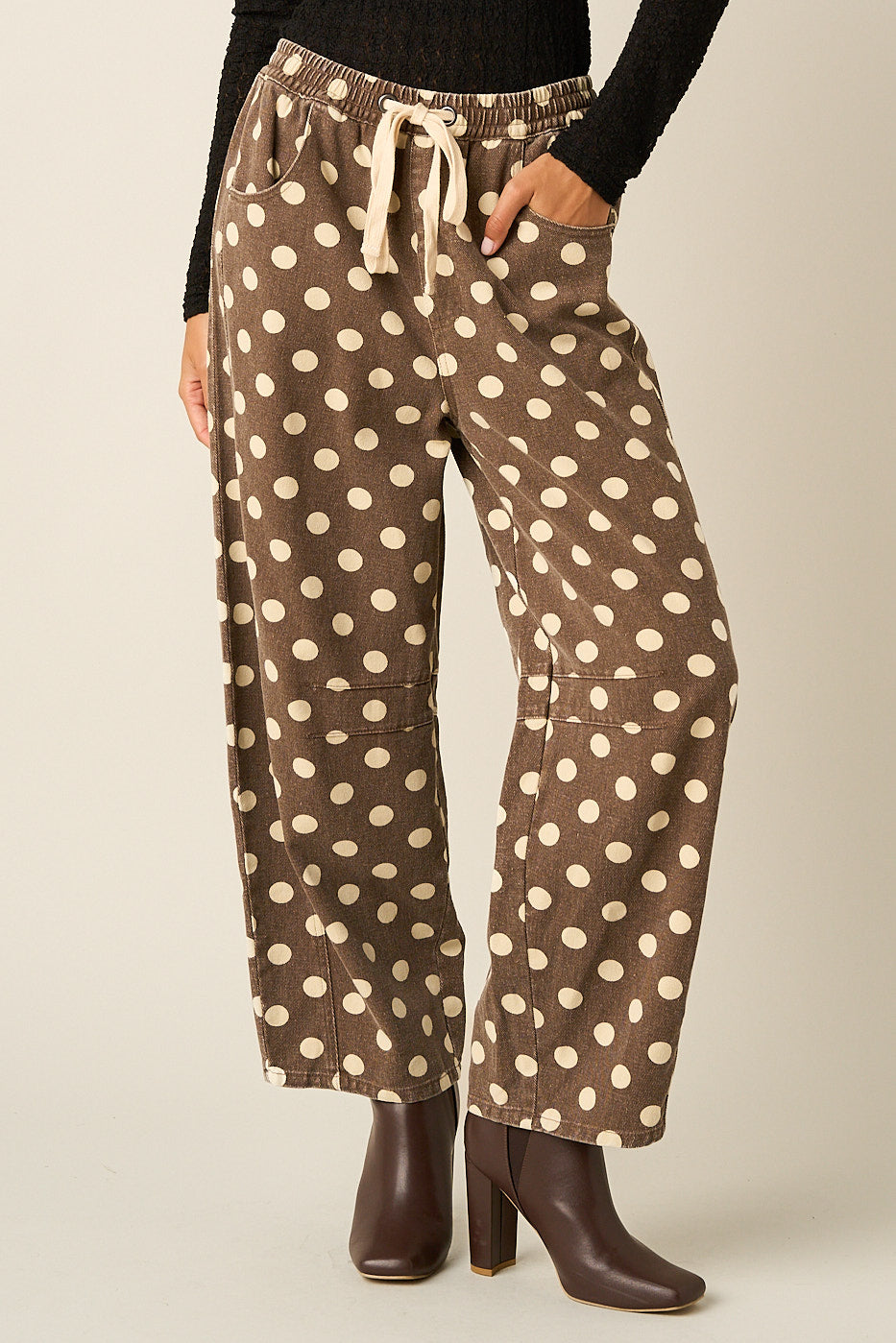 Washed Polka Dot Drawstring Waist Barrel Leg Pants