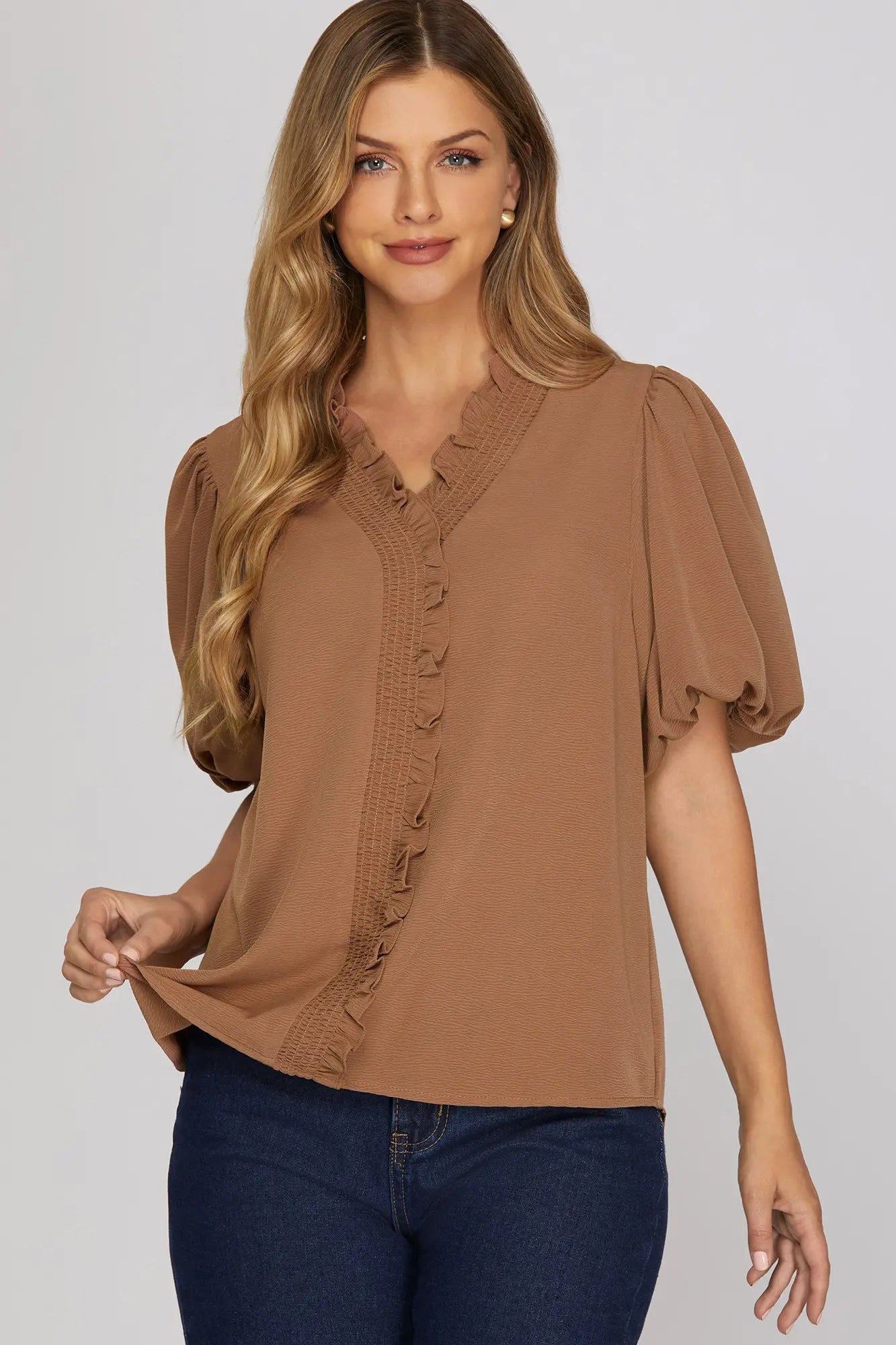 Smocked Neck Bubble Sleeve Top