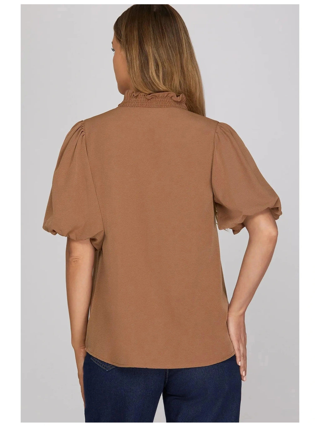 Smocked Neck Bubble Sleeve Top