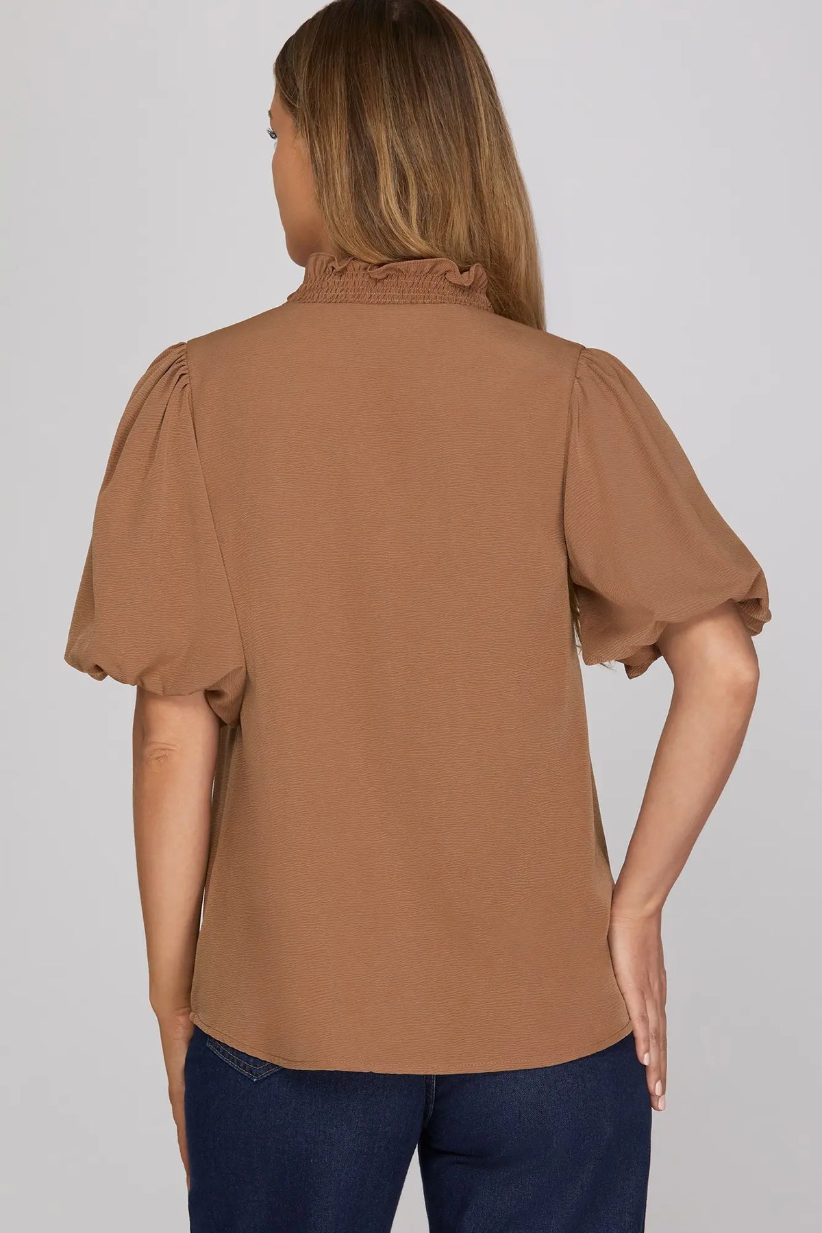 Smocked Neck Bubble Sleeve Top