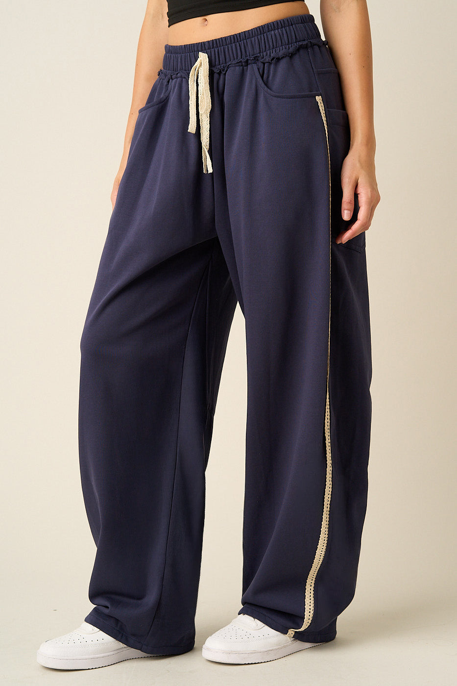Lace Trim Barrel Leg Drawstring Pants